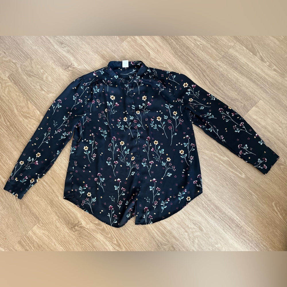 Faded Glory Boxy Long Sleeve Mandarin Collar Floral Blouse, size L - Picture 6 of 11